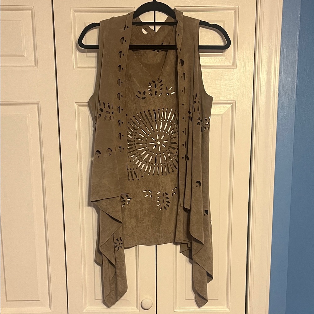 Brown Sleeveless Suede Vest with Cutout Design